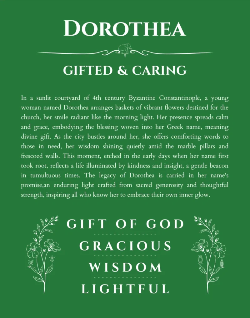 Dorothea name origin print with meaning and traits in dark green