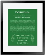 Dorothea name origin print with meaning and traits in dark green with black matte frame