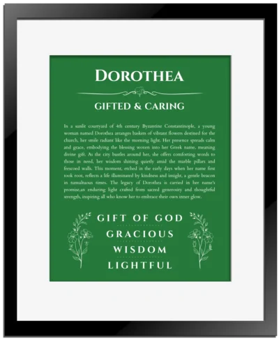Dorothea name origin print with meaning and traits in dark green with black matte frame