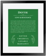 Dottie custom name meaning print in dark green with black matte frame