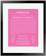 Douglas custom name art showing meaning and origin in pink with black matte frame