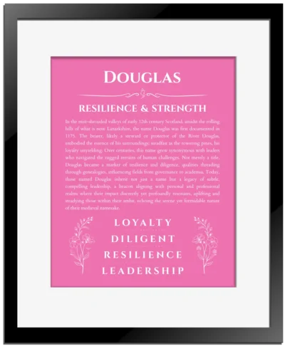 Douglas custom name art showing meaning and origin in pink with black matte frame