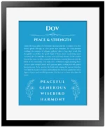 Dov personalized name print with origin and traits in blue with black matte frame