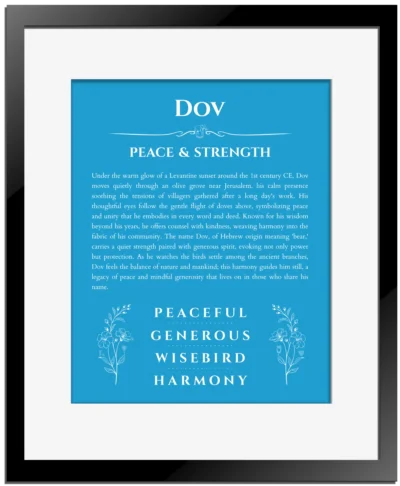 Dov personalized name print with origin and traits in blue with black matte frame