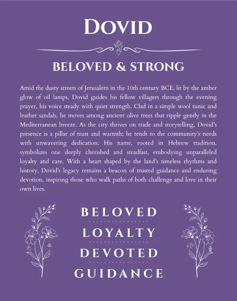 Dovid name origin print with meaning and traits in purple