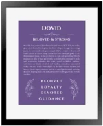 Dovid name origin print with meaning and traits in purple with black matte frame