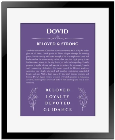 Dovid name origin print with meaning and traits in purple with black matte frame
