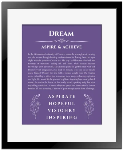 Dream personalized name meaning print in purple with black matte frame