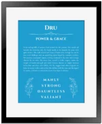 Dru name meaning wall art by Get Your Story in blue with black matte frame