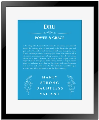 Dru name meaning wall art by Get Your Story in blue with black matte frame