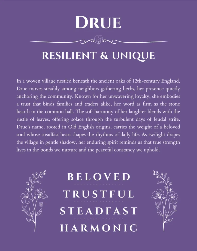 Drue custom name art showing meaning and origin in purple