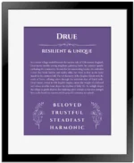 Drue custom name art showing meaning and origin in purple with black matte frame