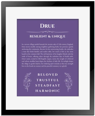Drue custom name art showing meaning and origin in purple with black matte frame