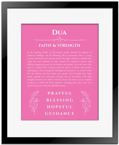 Dua personalized name print with origin and traits in pink with black matte frame