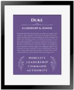 Duke personalized name meaning print in purple with black matte frame