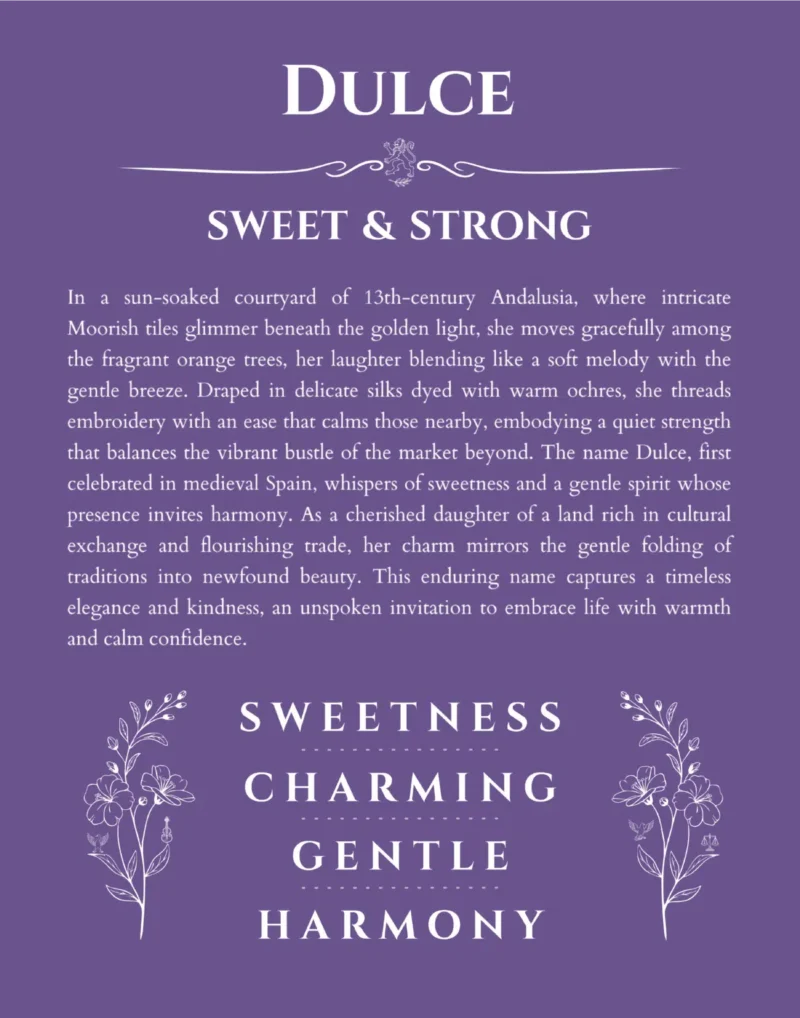 Dulce personalized name print with origin and traits in purple