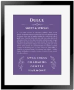 Dulce personalized name print with origin and traits in purple with black matte frame