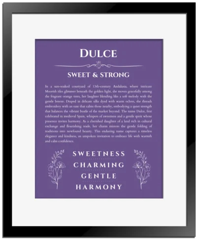 Dulce personalized name print with origin and traits in purple with black matte frame