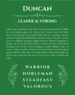 Duncan personalized name print with origin and traits in dark green