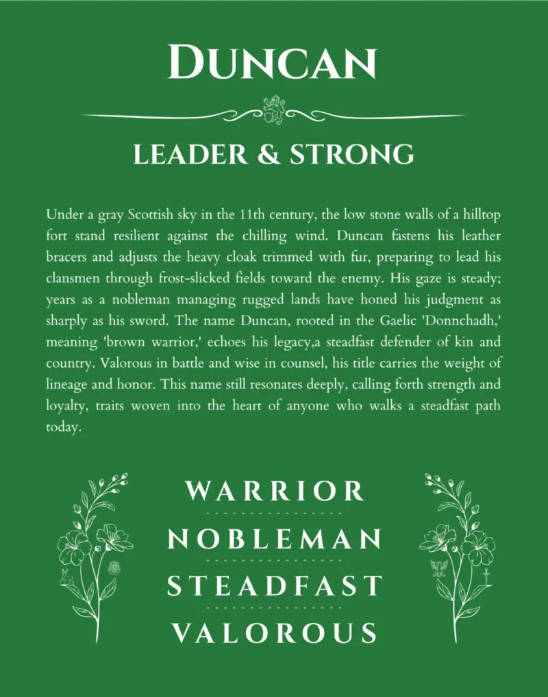 Duncan personalized name print with origin and traits in dark green