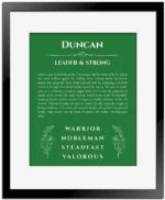 Duncan personalized name print with origin and traits in dark green with black matte frame