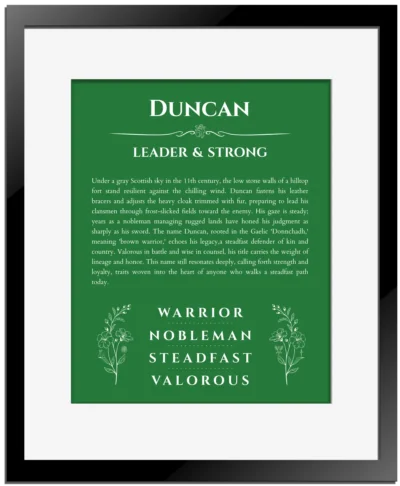 Duncan personalized name print with origin and traits in dark green with black matte frame