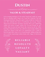 Dustin personalized name print with origin and traits in pink
