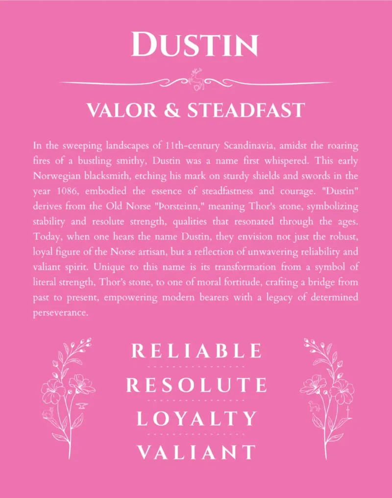 Dustin personalized name print with origin and traits in pink