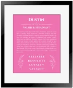 Dustin personalized name print with origin and traits in pink with black matte frame