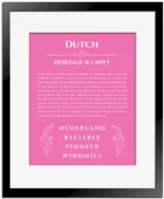 Dutch personalized wall art with the story of your name in pink with black matte frame