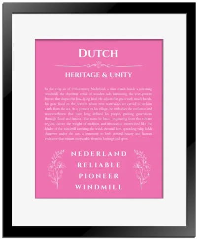 Dutch personalized wall art with the story of your name in pink with black matte frame