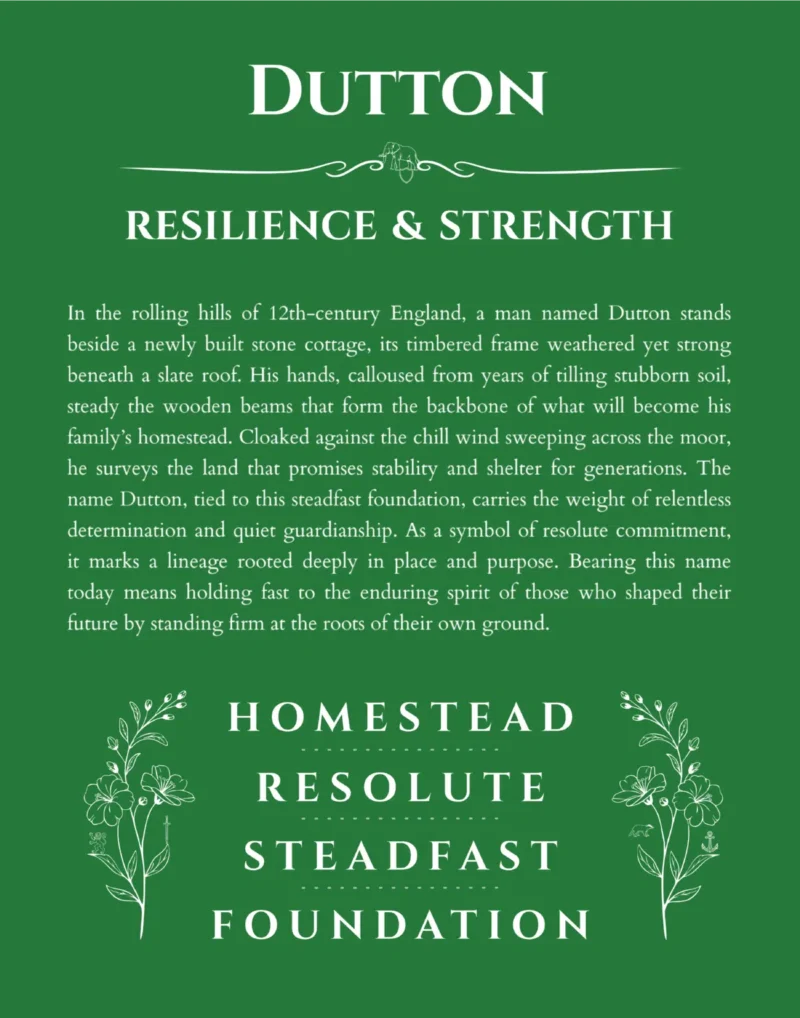 Dutton personalized wall art with the story of your name in dark green