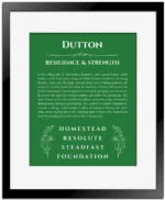 Dutton personalized wall art with the story of your name in dark green with black matte frame