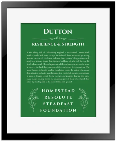 Dutton personalized wall art with the story of your name in dark green with black matte frame