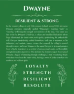 Dwayne personalized name print with origin and traits in dark green