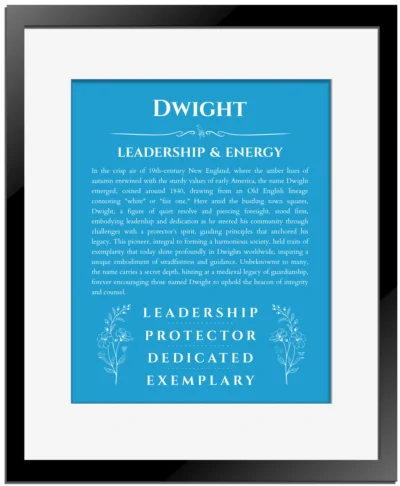 Dwight personalized name art with origin story in blue with black matte frame