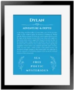 Dylan personalized name meaning print in blue with black matte frame