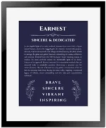 Earnest custom name print for wall display in navy blue with black matte frame