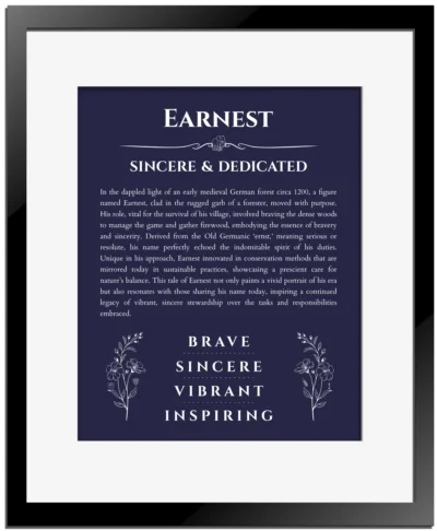 Earnest custom name print for wall display in navy blue with black matte frame