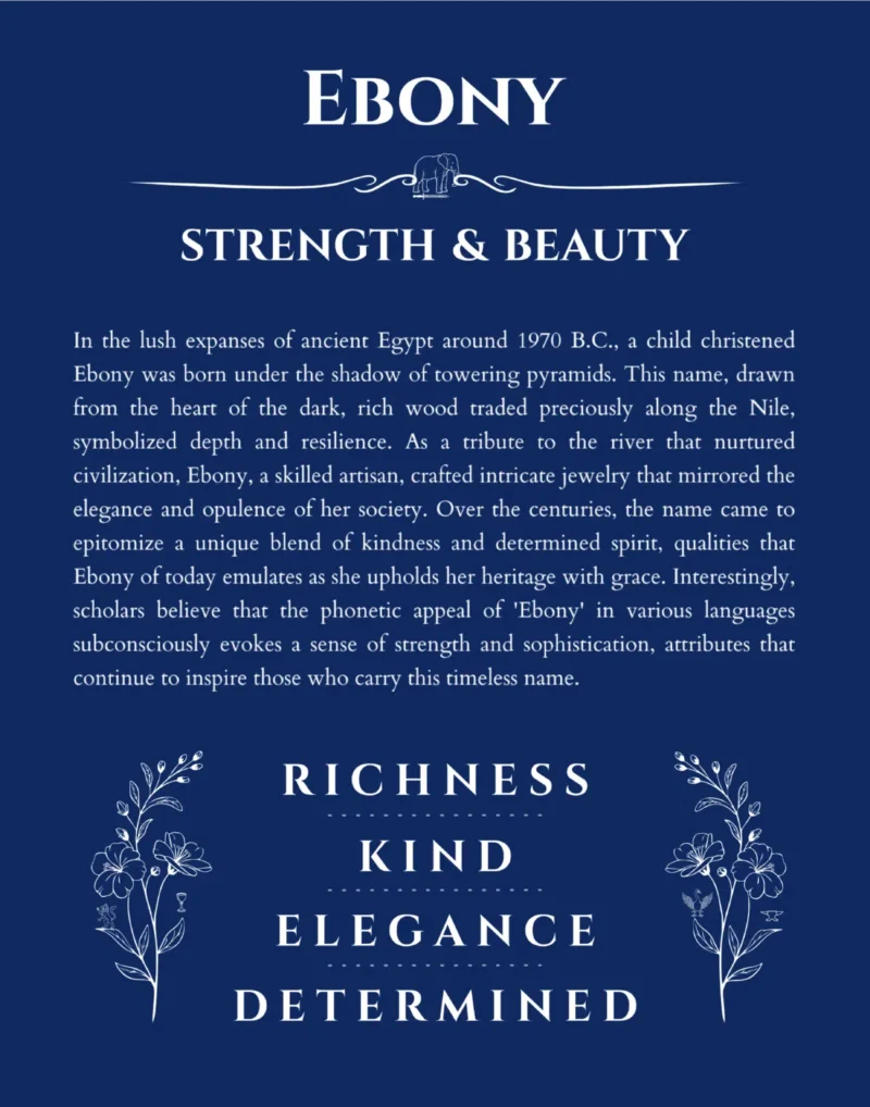 Ebony personalized name print with origin and traits in deep blue