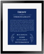 Ebony personalized name print with origin and traits in deep blue with black matte frame