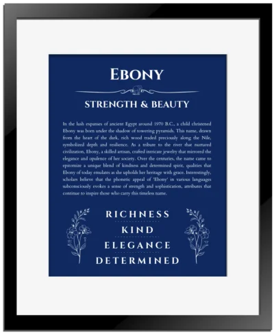 Ebony personalized name print with origin and traits in deep blue with black matte frame