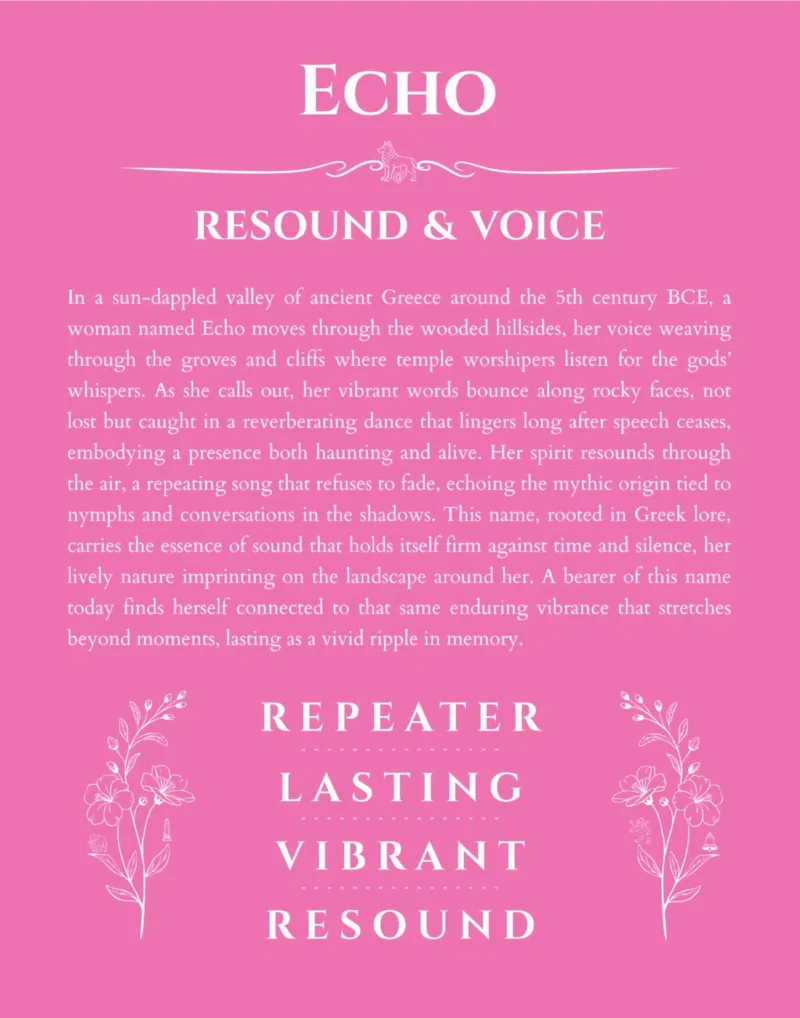 Echo personalized name art with origin story in pink