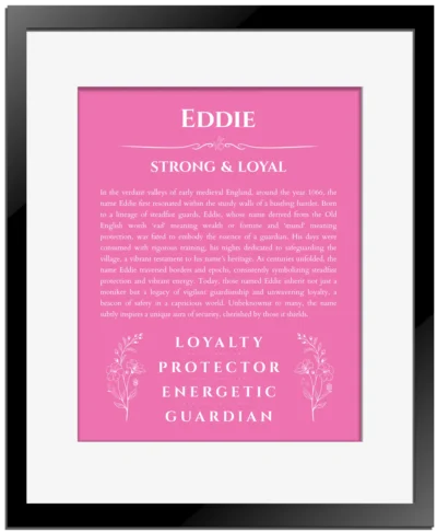 Eddie personalized wall art with the story of your name in pink with black matte frame