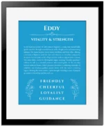 Eddy custom name art showing meaning and origin in blue with black matte frame