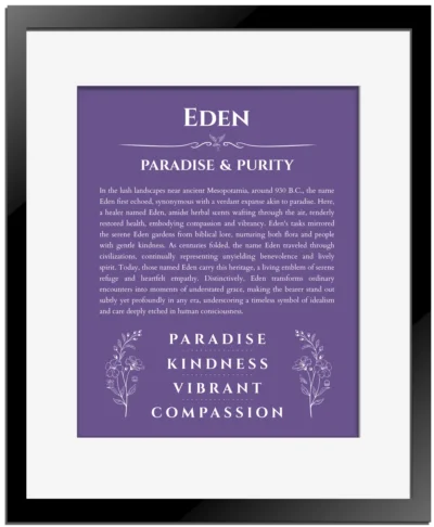 Eden name meaning gift print in purple with black matte frame