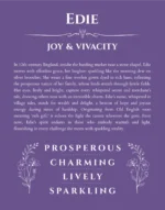 Edie personalized name art with origin story in purple