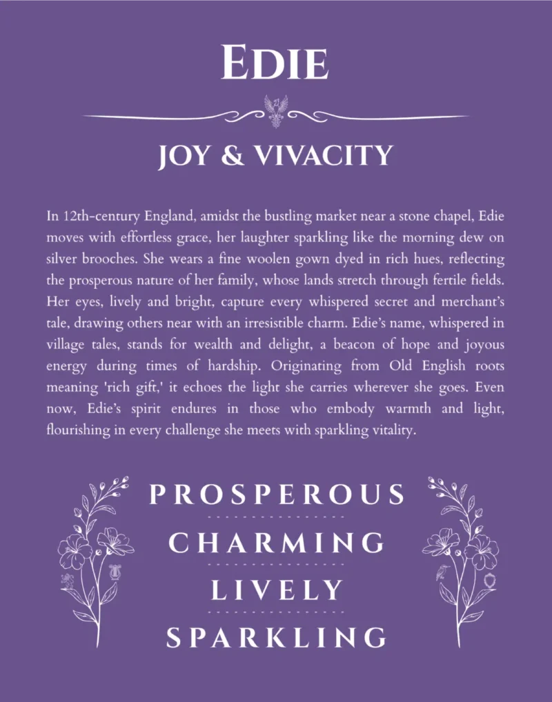 Edie personalized name art with origin story in purple