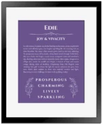 Edie personalized name art with origin story in purple with black matte frame