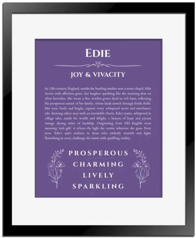 Edie personalized name art with origin story in purple with black matte frame